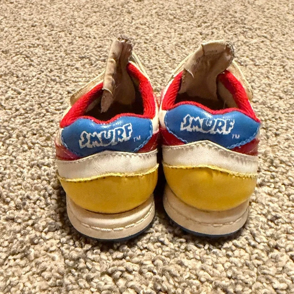 Vintage Smurfs Baby Shoes Hook Loop Sneakers Kids White Red Blue‎ Size 2